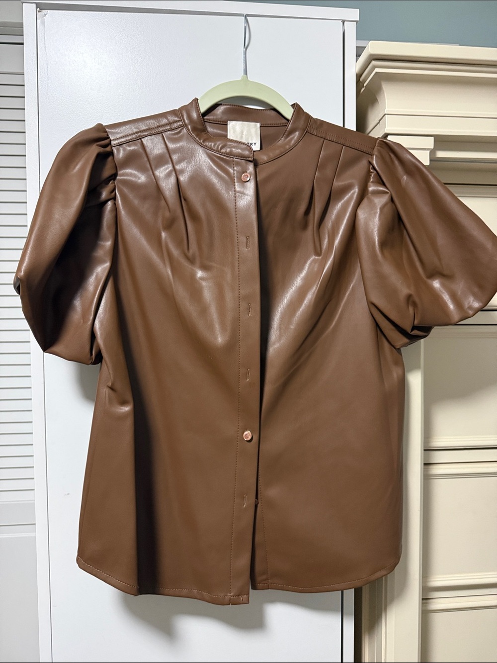 Puff-Sleeve Faux Leather Blouse in Brown